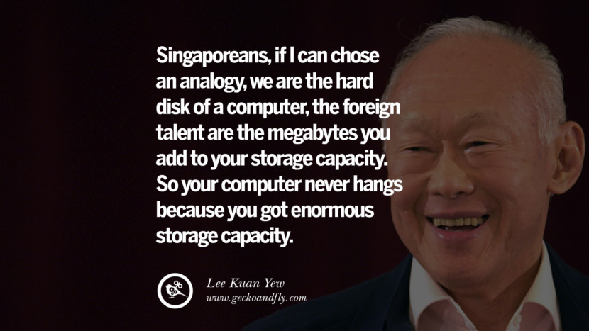 Singaporeans, if I can choose an analogy, we are the hard disk of a computer, the foreign talent are the megabytes you add to your storage capacity. So your computer never hangs because you have enormous storage capacity. Quote by Lee Kuan Yew