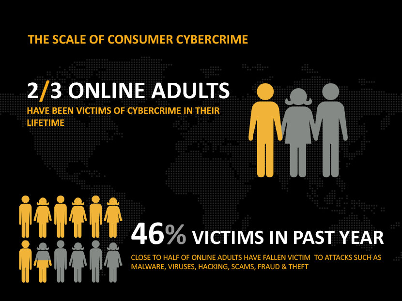 2/3 online adults, have been victims of cybercrime in their lifetime. 46% victims in past year, close to half of online adults have fallen victim  to attacks such as Malware, viruses, hacking, scams, fraud & theft