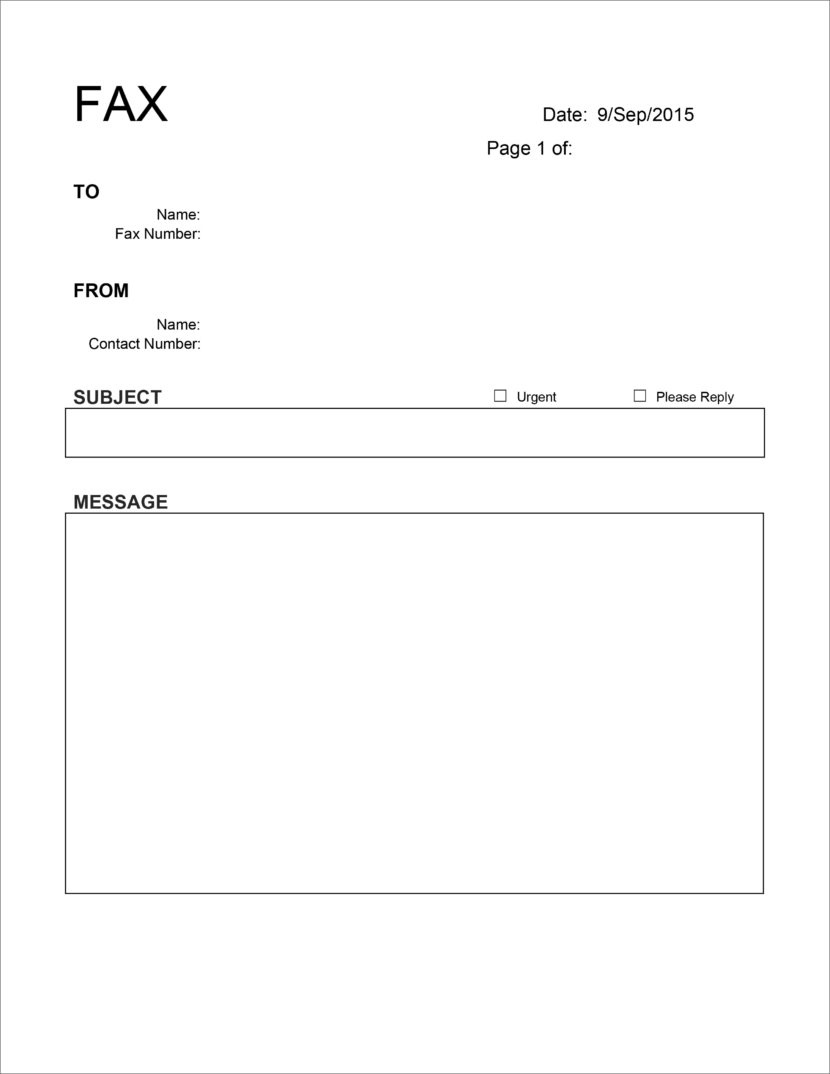 Screenshot of fax cover template in Microsoft Docx format