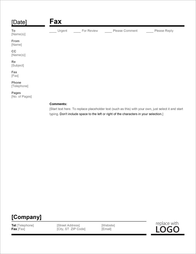 Screenshot of fax cover template in Microsoft Docx format