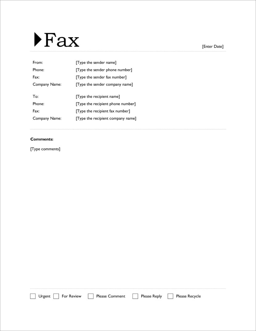 Screenshot of fax cover template in Microsoft Docx format