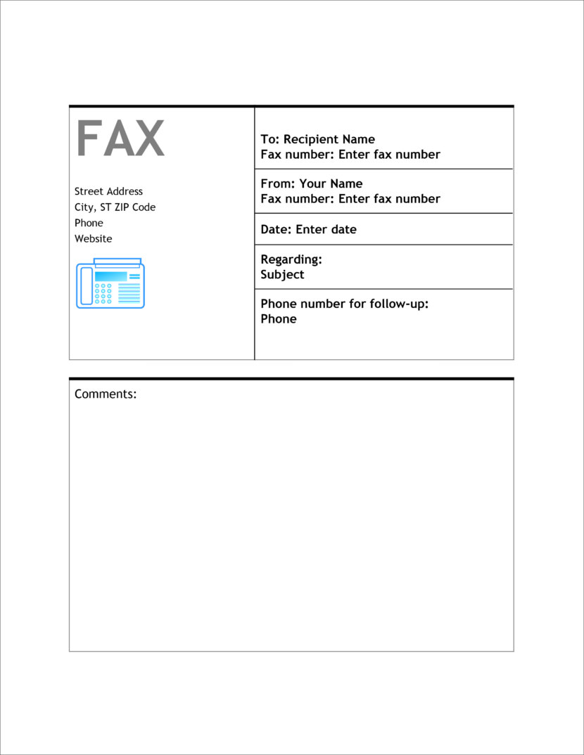 Screenshot of fax cover template in Microsoft Docx format