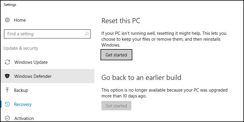 Windows 10 reset backup