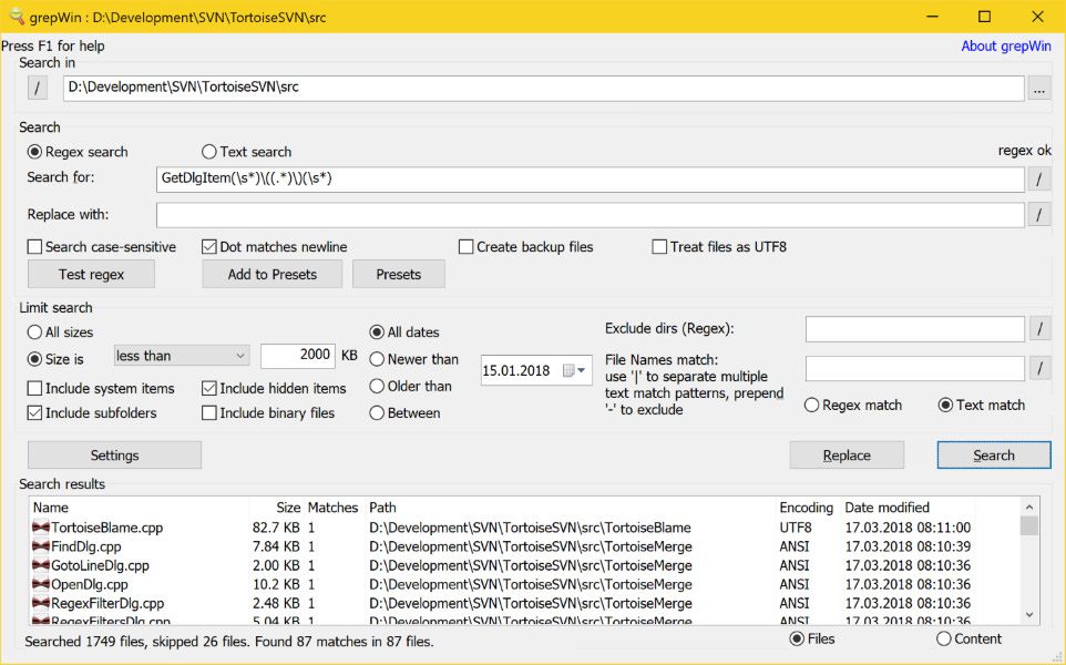 GREPWIN. Search программа. Программа для Rex files. Svn Tortoise merge.