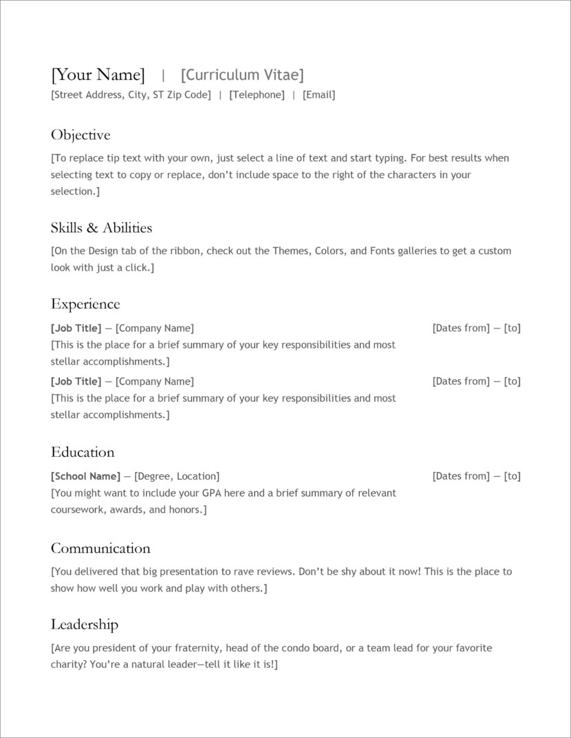 Screenshot of resume and CV template in Microsoft Office Docx format or Google Docs format that is available for download for free