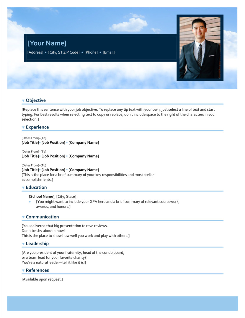 Screenshot of resume and CV template in Microsoft Office Docx format or Google Docs format that is available for download for free