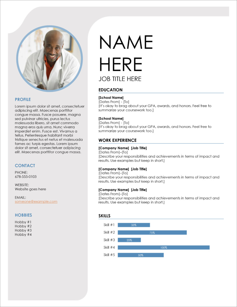 Screenshot of resume and CV template in Microsoft Office Docx format or Google Docs format that is available for download for free