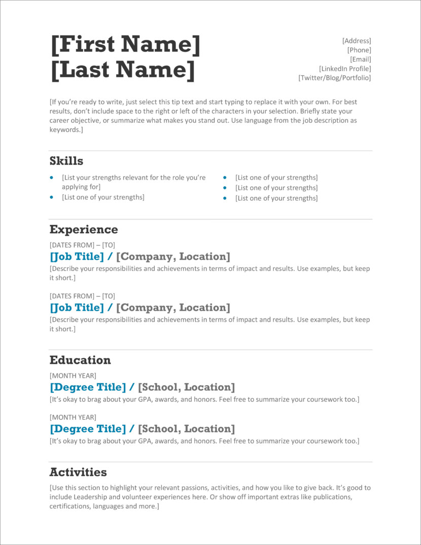 Screenshot of resume and CV template in Microsoft Office Docx format or Google Docs format that is available for download for free