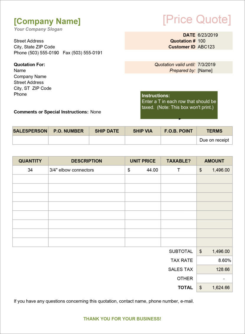 Screenshot of price estimation, service bids and sales quotation template in Microsoft Excel