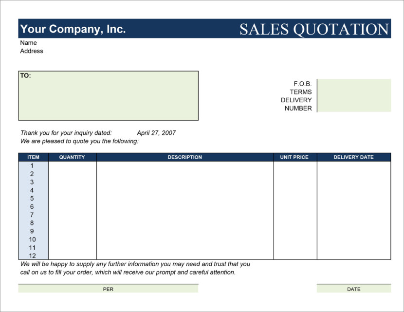 Screenshot of price estimation, service bids and sales quotation template in Microsoft Excel