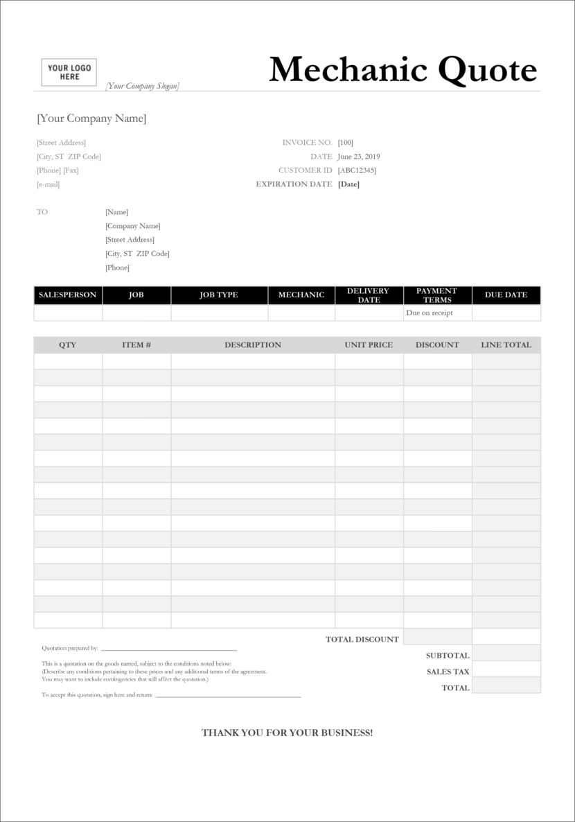 Screenshot of price estimation, service bids and sales quotation template in Microsoft Excel