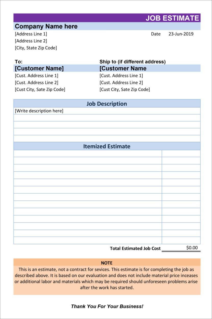 Screenshot of price estimation, service bids and sales quotation template in Microsoft Excel