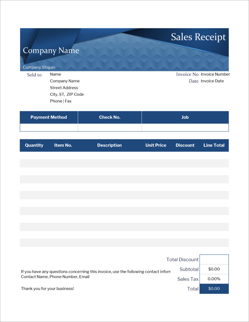 Screenshot of receipt template in Microsoft Excel Xlsx format