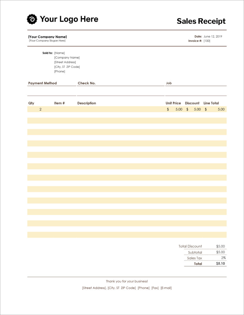 Screenshot of receipt template in Microsoft Excel Xlsx format
