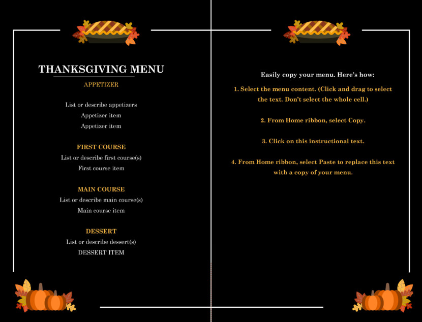 Screenshot of free simple food menu template for restaurants and cafes, for thanksgiving celebration