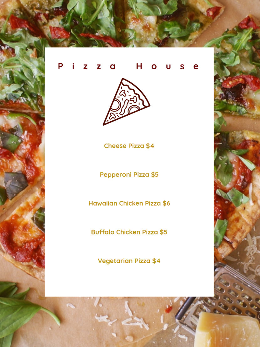 Screenshot of free simple food menu template for restaurants and cafes, for selling pizza and spagetti