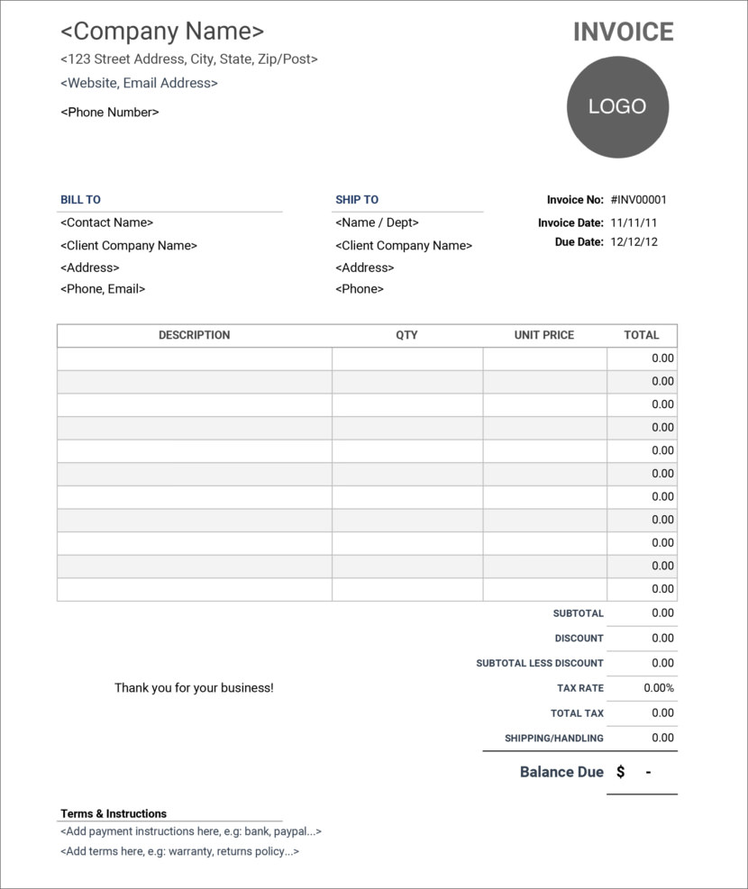 Screenshot of free invoice template by Google Sheets, downloadable in Docx and Xlsx format