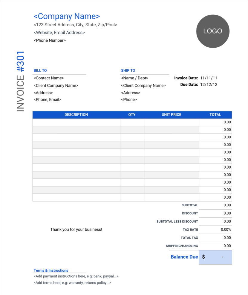 Screenshot of free tax invoice template by Google Sheets, downloadable in Docx and Xlsx format