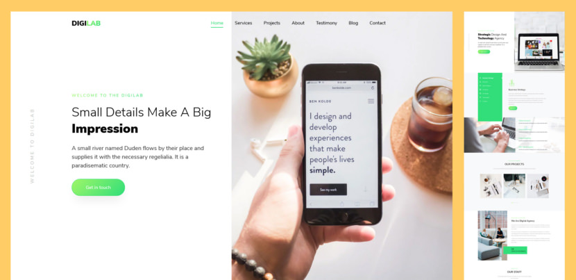 Digilab is a modern, responsive and Bootstrap Framework based free one-page agency website template. It welcomes all your guests with a stunning split-screen slider that you can use to push your services further.