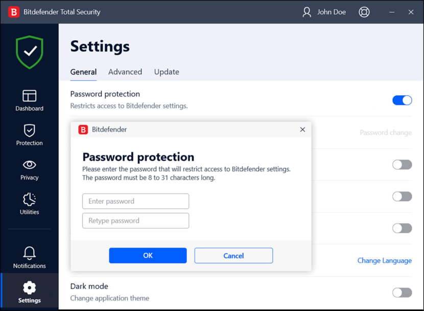 bitdefender password settings