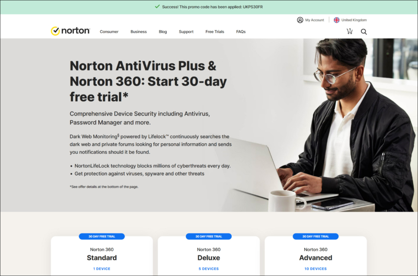 30 Days Trial of Norton 360 Standard, Norton 360 Deluxe, and Norton 360 Premium