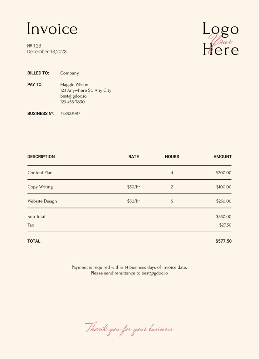 Simple Hourly Invoice with Logo