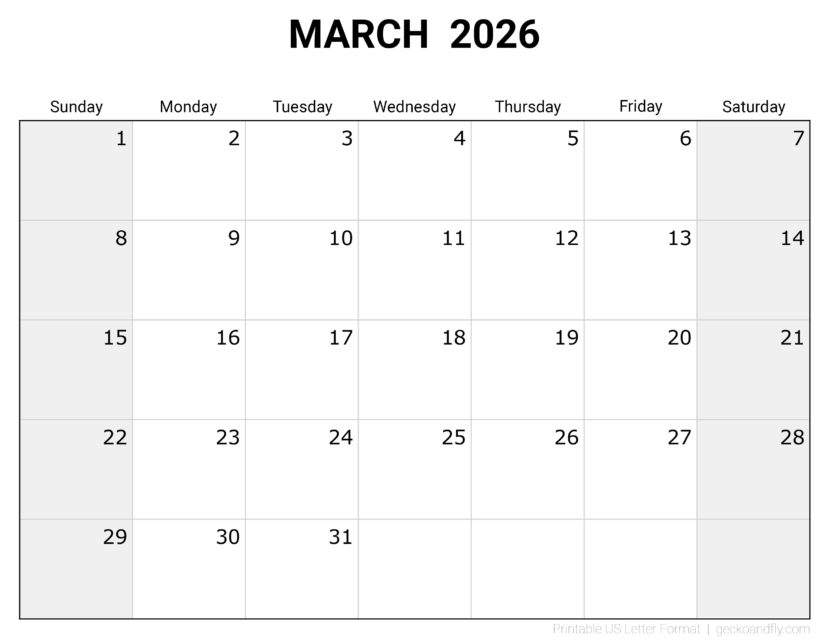 Download printable March 2026 blank monthly calendar