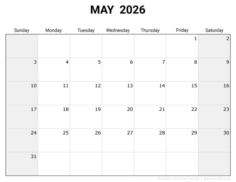 Download printable May 2026 blank monthly calendar