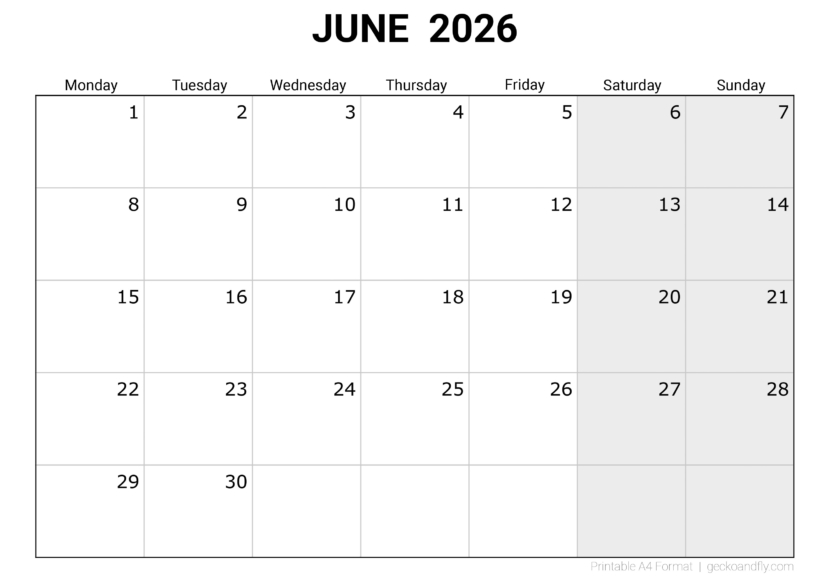 Download printable June 2026 blank monthly calendar