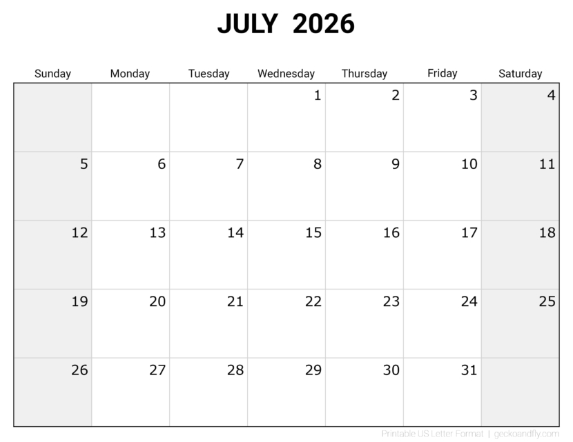 Download printable July 2026 blank monthly calendar