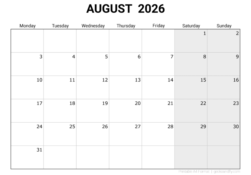 Download printable August 2026 blank monthly calendar