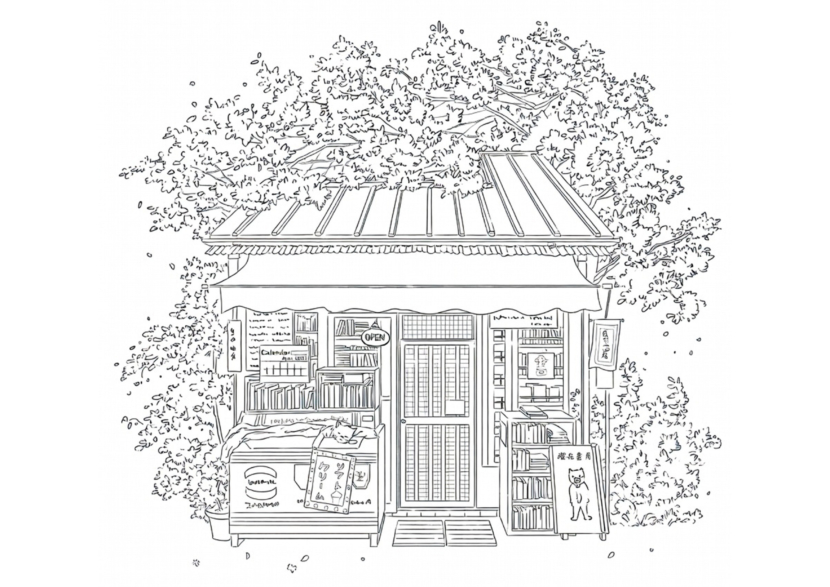 free printable adult coloring Sheet of Japanese store front