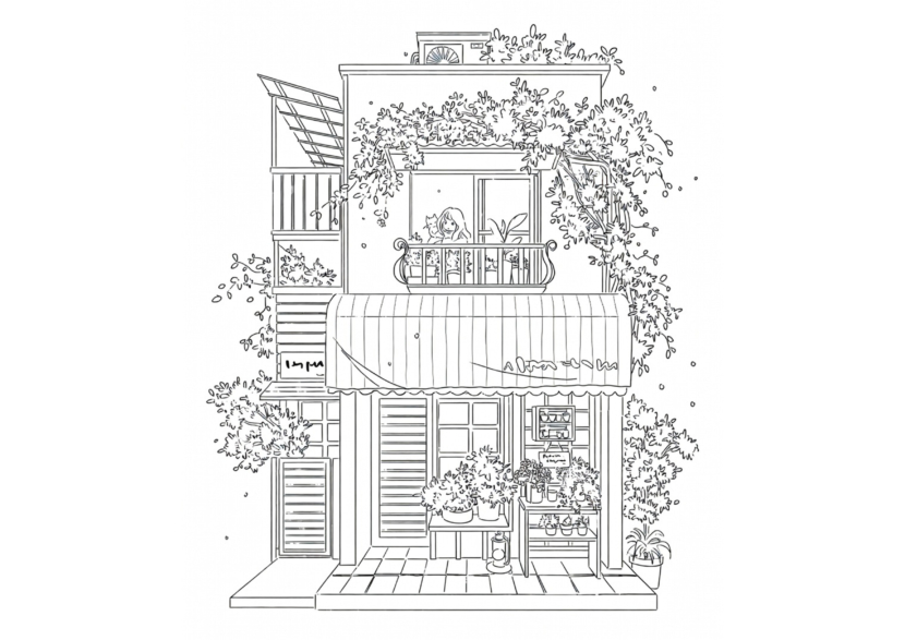 free printable adult coloring Sheet of Japanese store front
