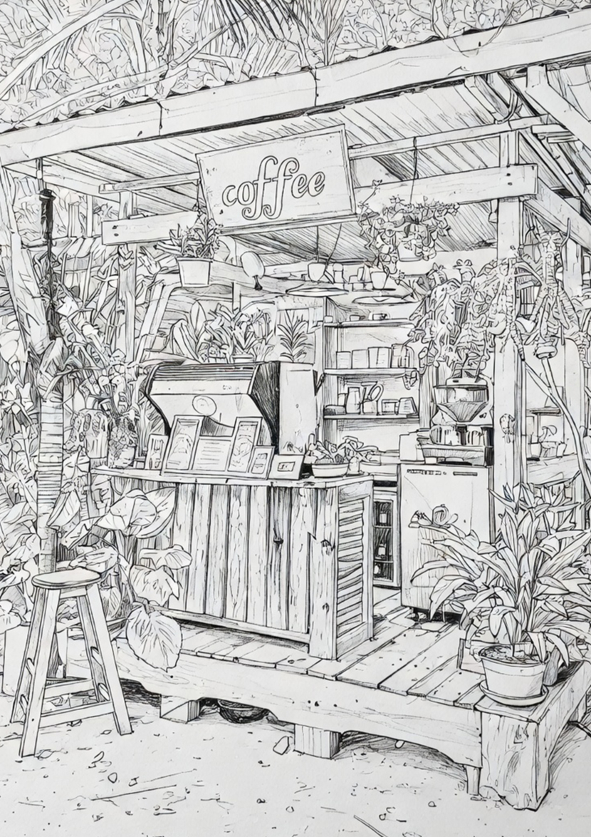 free printable adult coloring Sheet of beach store front