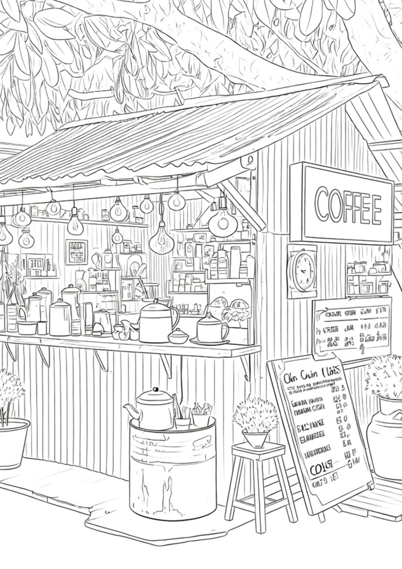 free printable adult coloring Sheet of beach cafe hut
