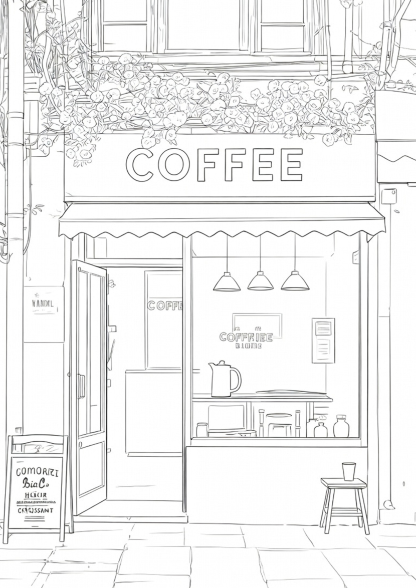 free printable adult coloring Sheet of coffee store front