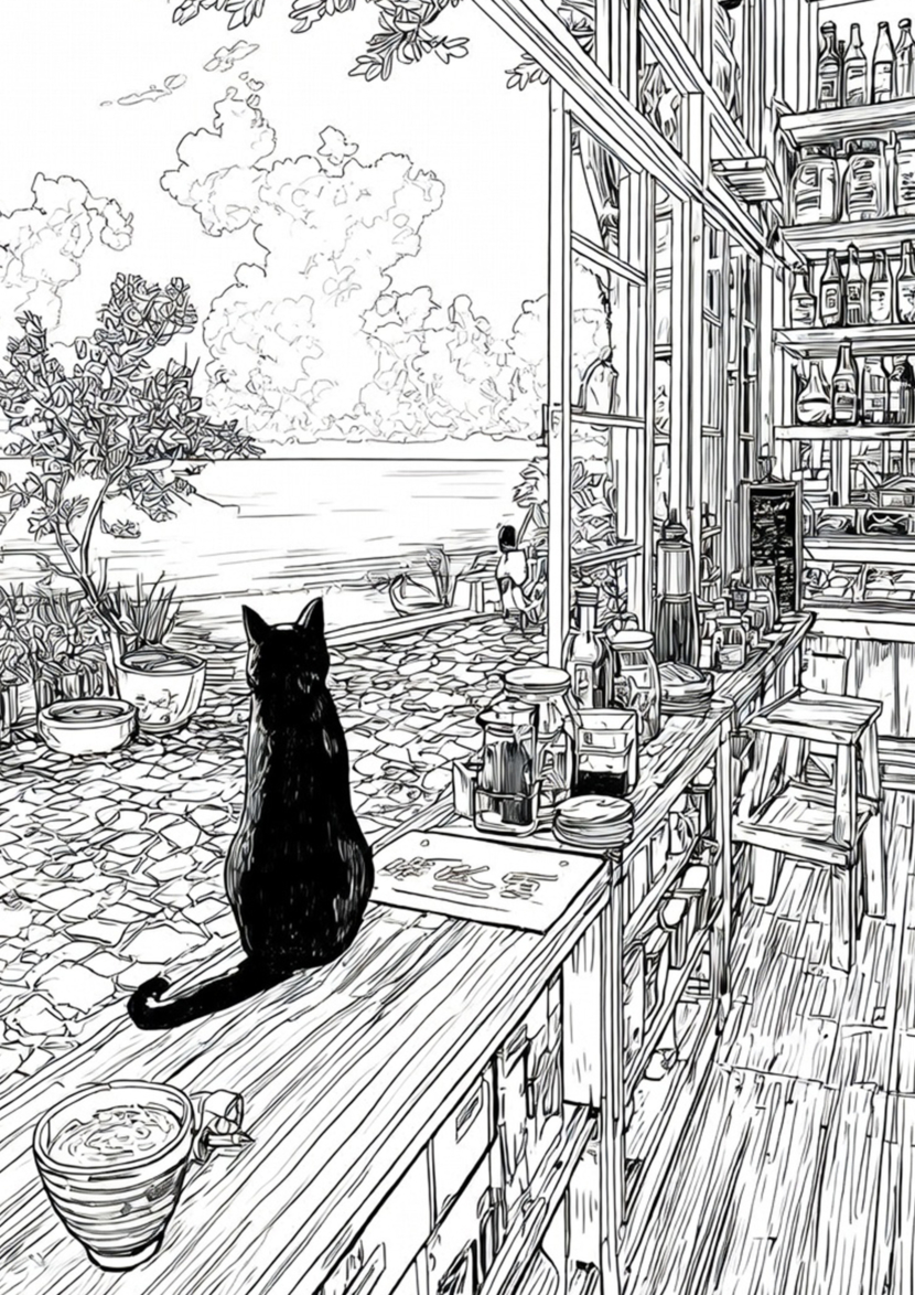free printable adult coloring Sheet of ocean view with cat