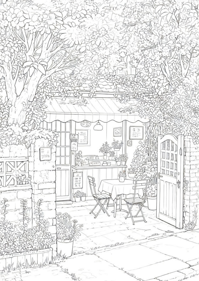 free printable adult coloring Sheet of small cafe store front