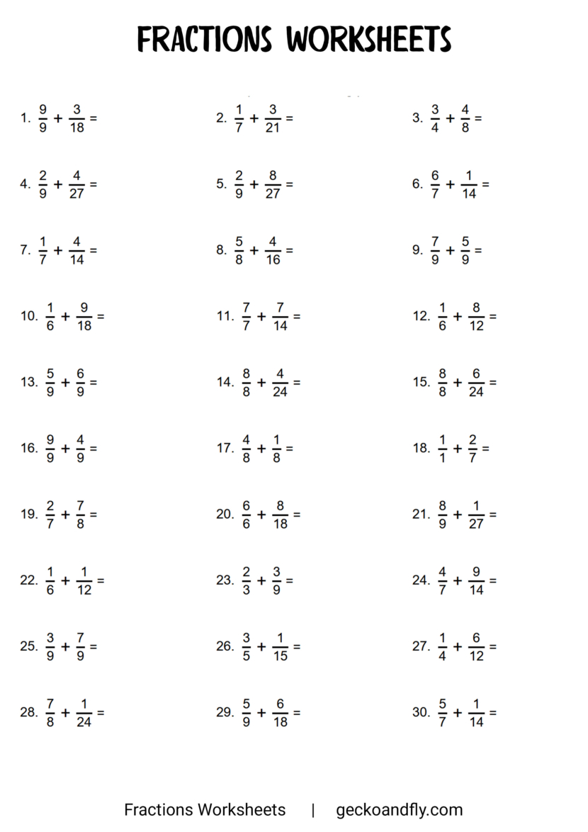 Free Printable Fractions Worksheets