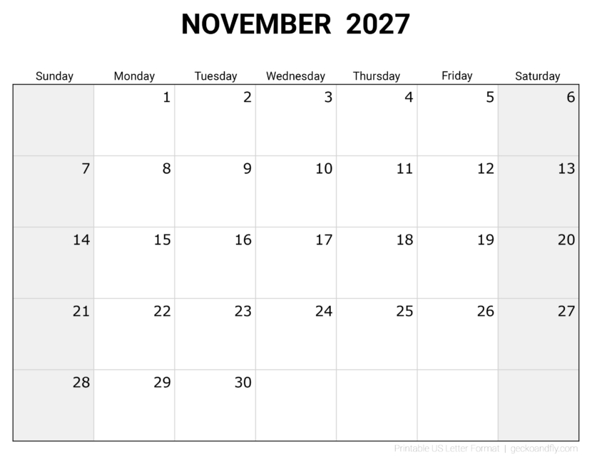 Free Printable November 2027 Monthly Calendar